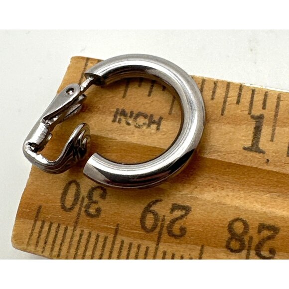 Minimalist Chic Clip-On Hoop Earrings Silver Tone Small Polished Metal - Picture 2 of 4